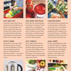 Titel: So geht’s: Zeit sparen. Absätze: "Gut geplant", "Aus Dose und Glas", "Tiefkühlkost", "Statt Herd", "Auf Vorrat", "Meal Prep". Bilder von Lebensmitteln und Küchenutensilien.