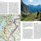 Texte: "Berchtesgadener Alpen", "Höhenweg unter der Laafeldwand", "Gotzentalalm", "palfen", "Tag:", "abwärts". 
Links: Karte mit roten Routen. 
Rechts: Wanderer auf grünem Pfad in den Bergen.