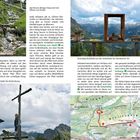 Text im Vordergrund: Anleitung für einen Bergpfad, der zu Aussichtspunkten und Hütten führt.

Oben links: Hund auf einem schmalen Pfad.

Unten links: Gipfelkreuz mit Hund.

Oben rechts: Fensterrahmen mit Bergblick.

Unten rechts: Wanderkarte der Region Breitenberg.