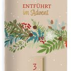 „ENTFÜHRT im Advent“ in roten und goldenen Buchstaben. Illustration mit Tannenzweigen, Beeren, Zapfen. Zahl „3“.