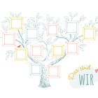 Text "Das sind WIR" in geschwungenen Buchstaben, daneben ein Herz. Dargestellt ist ein Stammbaum mit leeren Bilderrahmen.