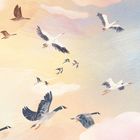 Eine Illustration zeigt Schwärme von Vögeln, die in einem farbenfrohen Himmel fliegen.