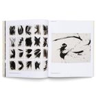 "Calligraphic Impulses" links 25 schwarze Pinselstrich-Illustrationen, rechts abstrakte schwarze Linien und Formen.