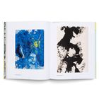 Links: "Kazuo Shiraga Tenta, 1972", Blau mit gelben Akzenten. Rechts: "Kazuo Shiraga, Hakujin, 1977", schwarz-weiß abstrakt.