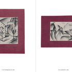 Z 103 Gefängnisse (2), 1918. Z 91 Landschaft, 1918. Zwei abstrakte Zeichnungen in roten Rahmen.