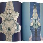 Links und rechts sind abstrakte, symmetrische Formen in dunklen Blau- und Grautönen, die an Spiegelungen erinnern.