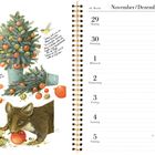 Links stehen handschriftliche Texte bei einem kleinen Tannenbaum mit Vögeln und Äpfeln. Rechts ist ein Kalender für 29. Nov - 5. Dez.