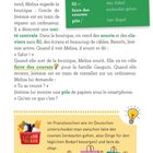 **Texte:**

Links oben: „Ah, d’accord. Un instant, s’il vous plaît.” beschreibt eine kurze Wartezeit im Gespräch. Melisa betritt eine Boutique, wo Jérémies Onkel einen Computer repariert. Wörter wie „unité centrale“, „souris“, „clavier“, „fil“, „faire des courses“ und „pile“ sind hervorgehoben. Jérémie begrüßt Melisa, die Stadtbesorgungen für die Familie Gauguin macht. Jérémie zeigt ihr einen Papierstapel unter einem Smartphone.

**Infokasten:**

Rechts ein grüner Kasten enthält Übersetzungen:

- „unité centrale“: Zentraleinheit, CPU
- „souris“: Maus
- „clavier“: Tastatur
- „fil“: (hier: Kabel)
- „faire des courses“: einkaufen gehen
- „pile“: (hier: Stapel)

Unten: Unterschied zwischen „faire des courses“ und „faire du shopping“. Einkaufsmotive illustriert neben Einkaufstüten und einer Lampe.