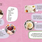 Rezept für Clafoutis: Zutaten, Zubereitungsschritte, Bilder von Teig, Kirschen und fertigem Clafoutis. Rosa Hintergrund.