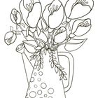 Eine Illustration einer Gießkanne voller Blumen, verziert mit Punkten und geschmückt mit mehreren Blüten und Blättern.