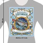 „Spektakuläre Schiffswracks“ ist der Titel. Illustration eines Schiffswracks unter Wasser, umgeben von maritimen Motiven.