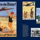 "Fliegt in die Bäder! Deutsche Luft Hansa AG" - Illustrationen zeigen Menschen am Strand und Flugzeuge im Hintergrund.