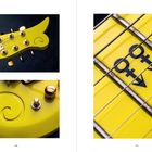 Links „PRINCE“, rechts „PRINCE“, unten „140“ und „141“. Nahaufnahmen einer gelben Gitarre mit Symbolen.