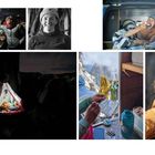 "Mit Freunden am Lager. Portrait einer Frau mit Mütze. Paar isst im Van. Zelten in den Bergen, Malen in den Alpen, Sonnenbrille."