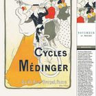 Text: "Cycles Médinger, 8 & 10 Rue Brunel, Paris." Illustration: Drei elegant gekleidete Personen mit einem Fahrrad.
