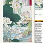 Dezember, 49. Woche. Lotos, Nelumbo nucifera. Illustration mit weißen Blüten und Schwänen auf einem Teich.