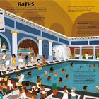 "Baths", "Can you spot? A wrestling match?", "Public baths", "FRIGIDARIUM", "TEPIDARIUM", "CALDARIUM", "HYPOCAUSTS". Illustration: Römisches Bad voller Menschen.