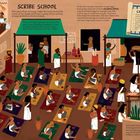 "Scribe School. Tom saw a flash of orange. Digby! Not many children in ancient Egypt went to school. Can you spot...?" Illustration: Kinder in Altägypten beim Schreiben.