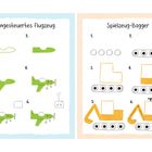 Links: Anleitung für ein ferngesteuertes Flugzeug. Rechts: Anleitung für einen Spielzeug-Bagger. Zeichnungen zeigen Bauteile.