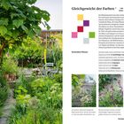 Gleichgewicht der Farben, Lage: sonnig, Boden: lehmig. Foto eines grünen Gartens mit bunten Blumen. Kleine Pflanzenbilder darunter.