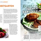 "MONATSARBEITEN AUGUST: OBSTGARTEN, Rosmarin Fächerkartoffeln. Zutaten für 4 Portionen: 4 große festkochende Kartoffeln, ..."

Auf der linken Seite werden Pfirsich- und Beerenpflege im August besprochen. Rechts ist ein Rezept für Rosmarin Fächerkartoffeln, mit Bild von goldbraun gebackenen Kartoffeln, garniert mit Kräutern und einer Creme.