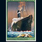 „AMERICAN LINE“ oben in großen Buchstaben auf einem Plakat. Ein großes Dampfschiff auf dem Wasser, kleineres Boot vorne.