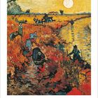 Kalender unten. Darstellung von Arbeitern, die in einem flammend roten Weinberg bei Sonnenuntergang arbeiten.