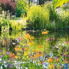 Mai 2021 Kalender, ein Gewächshaus hinter einem blühenden Garten mit Teich im Vordergrund.