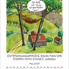 Eine Illustration eines Stiers in einer Hängematte zwischen Bäumen. Text: "Oh Gott, ich muss eingeschlafen sein!"