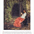 Text: April 20-27, 16. Woche. Zitat von Virginia Woolf zum Thema Lesen. Illustration: Frau liest auf von Efeu umrahmter Veranda.