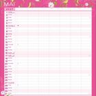 Kalender für Mai 2027 mit rosa und floralen Mustern, enthält Wochen- und Datumsangaben, Bereich für Notizen unten.