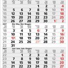 Kalender für 2027: April bis Juni mit Wochenzahlen und Feiertagen in vier Sprachen. Feiertage sind rot markiert.