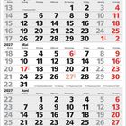 Kalender für 2027, Monate April bis Juni. Feiertage rot markiert: 1.5., 6.5., 17.5., 27.5. Monate und Wochentage oben.