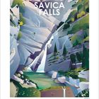 "SAVICA FALLS. SLOVENIA" in großen Buchstaben. Eine farbenfrohe, stilisierte Landschaft mit Wasserfall und grünen Hügeln.