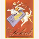 "Suchard Milka Chocolat au lait concentré" steht auf einer Schokoladentafel, von spielenden Engeln gehalten.