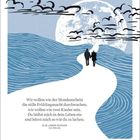 Zitat von Else Lasker-Schüler über Mondschein und Kindsein. Illustration: Weg durch blaue Landschaft mit Mond und Wolken.