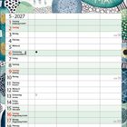 Kalender für Mai 2027 mit buntem abstraktem Muster im Hintergrund. Feiertage sind rot markiert.