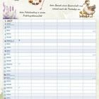 "Macht's euch schön im Mai", begleitet von Illustrationen: Blume, Zitrone, Farbpalette, Küken. Kalenderformat für Mai 2027.