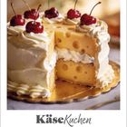 Text: "KäseKuchen" und "April 2027". Ein Kuchen, dekoriert mit Sahne und Kirschen, sieht wie ein Stück Käse aus.