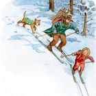 Illustration: Ein Mann und ein Kind fahren Ski durch einen verschneiten Wald, gefolgt von einem Hund. Ein Hase schaut zu.