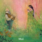 Kalender für Mai, Illustration eines alten Mannes mit Hut neben einer Frau in grünem Kleid in einem Wald.