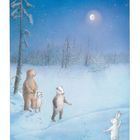 Eine Illustration zeigt einen Bären, einen Dachs und einen Fuchs, die einem tanzenden Hasen im Schnee zusehen. Der Himmel ist sternenklar.