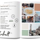 Text im Bild: Inhaltsverzeichnis mit Kapiteln wie "Rom in 100 Tipps", "Großer Partyguide" und Bilder von Pasta und Sehenswürdigkeiten.