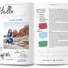 "Hello, Das bin ich, Laura Laccone" steht oben. Darunter ist ein Foto von einer Frau vor roten Felsen am Meer. Links: Illustrationen von "Mein liebster Ort auf Sardinien?" und "Mein Lieblingsgericht". Rechts: "5 Dinge, die du auf deinem Sardinien-Trip unbedingt dabei haben solltest" mit Farbblöcken darunter.