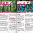"Best of Grün & Fair" und "Best of Low-Budget" sind hervorgehobene Titel. Das Layout zeigt zwei Seiten eines Magazins mit Textabschnitten und Fotos.