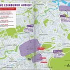 „WO EDINBURGH AUSGEHT“ und „MARCO POLO HIGHLIGHTS“, darunter Aufzählungen von Bars und Theatern auf einer farbigen Edinburgh-Karte.