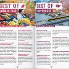"BEST OF GRÜN & FAIR" und "BEST OF LOW-BUDGET". Links Markt mit Früchten, rechts Brücke mit Zug und bunter Stadtansicht.