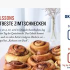 "Karlssons weltbeste Zimtschnecken. Tag der Zimtschnecke wird am 4.10. in Schweden gefeiert. Zimtschnecken im Vordergrund."