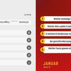 Texte: "Welcher dreimalige Schwergewichtsweltmeister trägt den Spitznamen 'The Lion'?", "Januar", "6 Mittwoch". Links: umgedrehte Texte. Rechts: Rote Fläche mit Fragen.