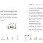 Links: Text über "Glocken" und eine Illustration einer Käseglocke. Rechts: "HANNELEN SIEGESFAHRT", Geschichte von Jeanne d’Arc. Darunter Kalender für März.